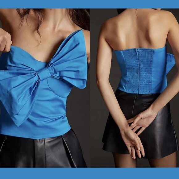 Anthropologie Hutch Bow Tube Top Womens XS Strapless Blue Smocking Zipper - Picture 1 of 8